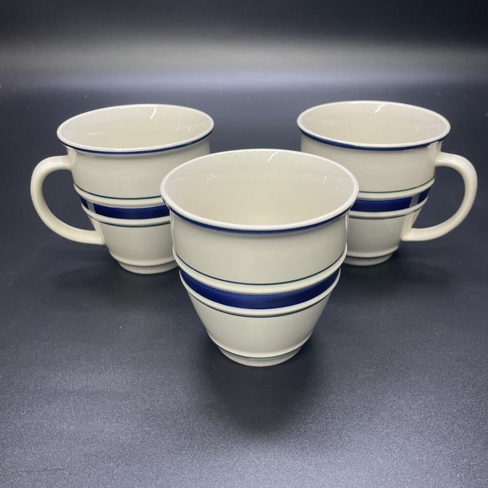 3x Country Crock Stoneware Mugs 16 Oz Farmhouse Blue Green Stripe by Tienshan